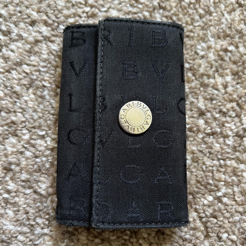 BVLGARI Black Canvas Key Holder Logo Mania Black Leather Interior 2 Hooks Luxury